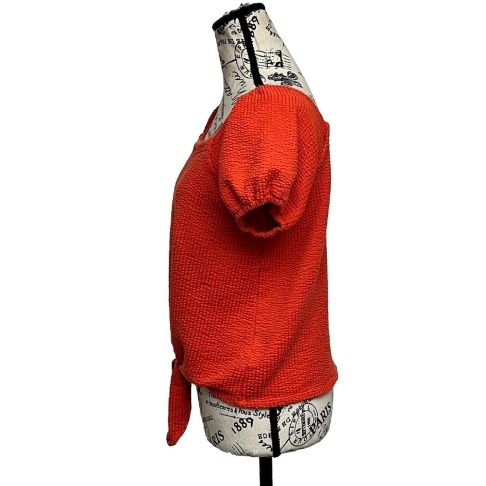 Ann Taylor LOFT Seersucker Tie Front Square Neck Puff Sleeve Top Orange XS - Picture 4 of 10